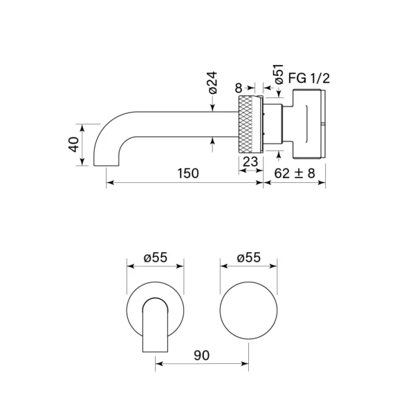 ZERO PROGRESIV KNURL WALL BATH MIXER SET, 150 - Image 2