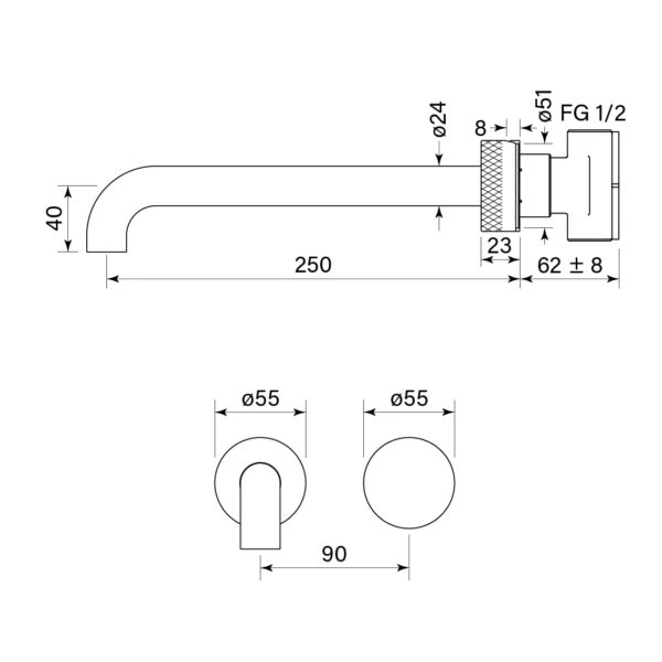 ZERO PROGRESIV KNURL WALL BATH MIXER SET, 250 - Image 2