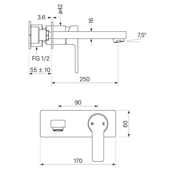 ZEOS BACK PLATE BATH MIXER 250 - Image 2
