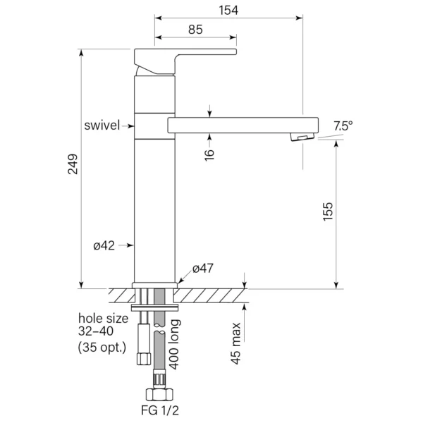 ZEOS BASIN MIXER SWIVEL, MID 155H - Image 2