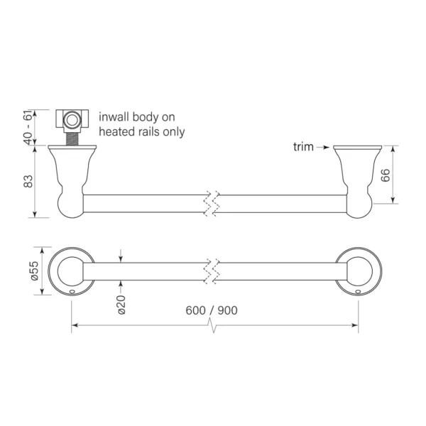 CASCADE NON-HEATED TOWEL RAIL 600 - Image 2