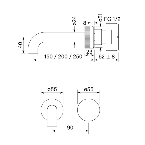 ZERO PROGRESIV FLUTED WALL BASIN MIXER SET, 200 - Image 2