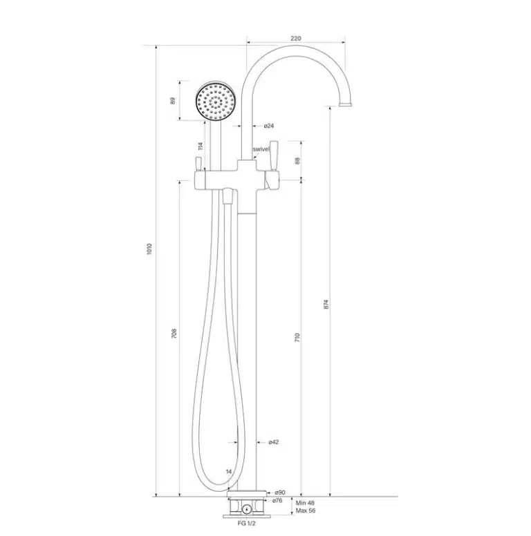 Bremont Floor Bath Mixer Curve w. 90Rnd Handshower - Image 2